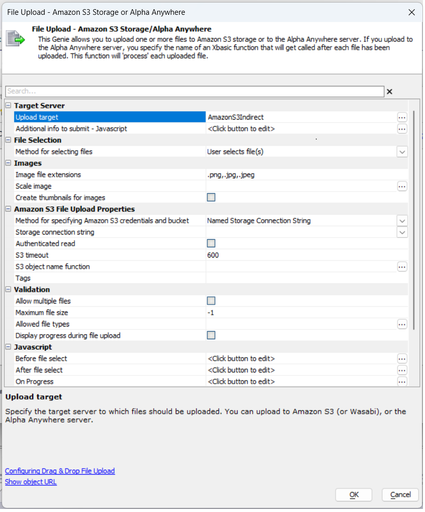 Options available for the 'AmazonS3Indirect' Upload target.